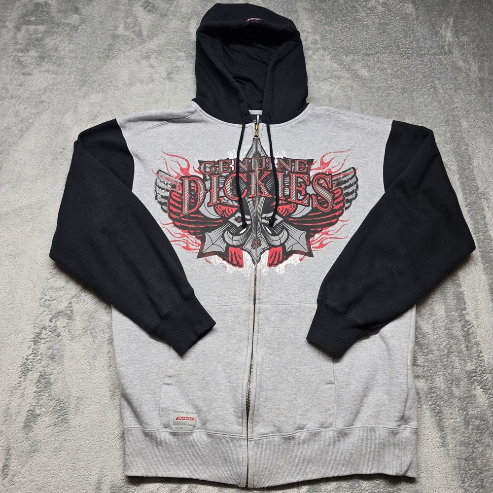 Genuine Dickies Full Zip Hoodie Mens LG Gray Black Graphic Colorblock 5038-GKL